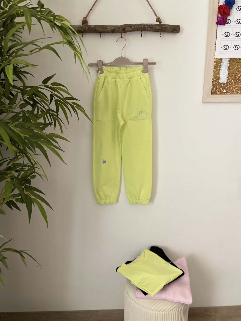Pantalone jogger di felpa girl col. lime con logo e patch