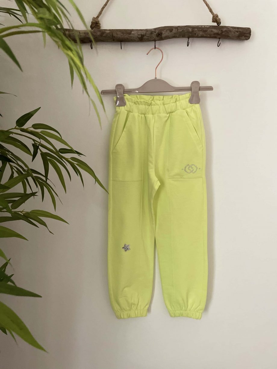 Pantalone jogger di felpa girl col. lime con logo e patch