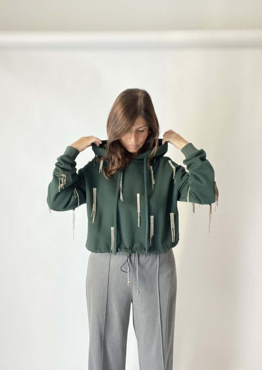 Mod. Cortina: felpa gioiello cappuccio con frange strass